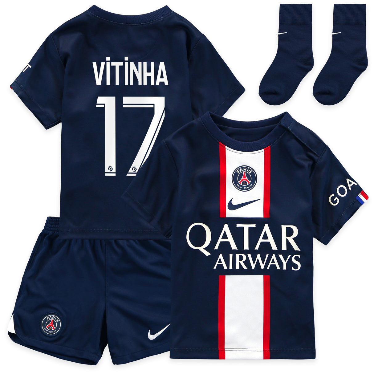 Paris Saint-Germain Home Stadium Kit 2022-23 - Infants with Vitinha 17 printing - Kit Captain