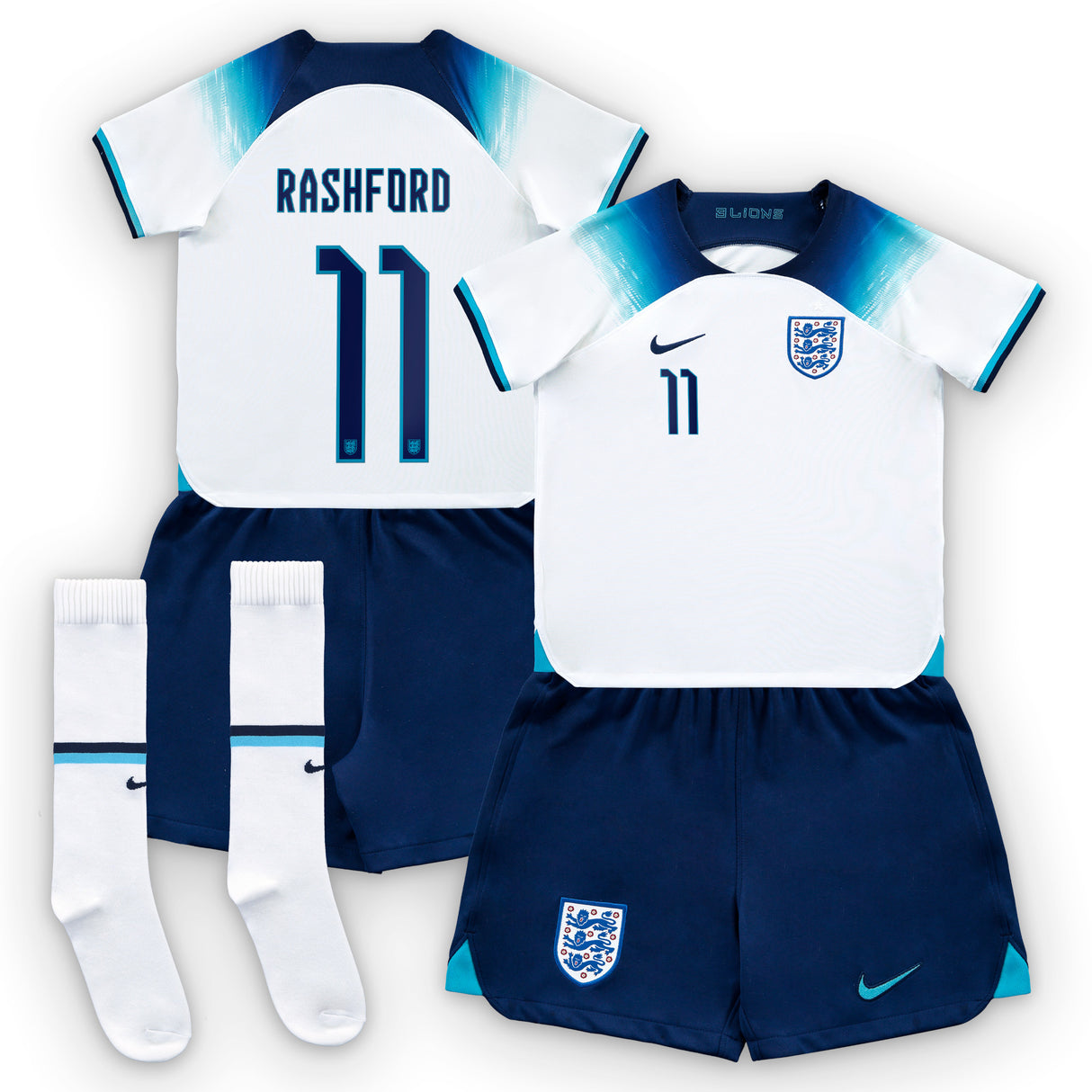 England Home Stadium Kit 2022 - Little Kids with Rashford 11 printing - Kit Captain