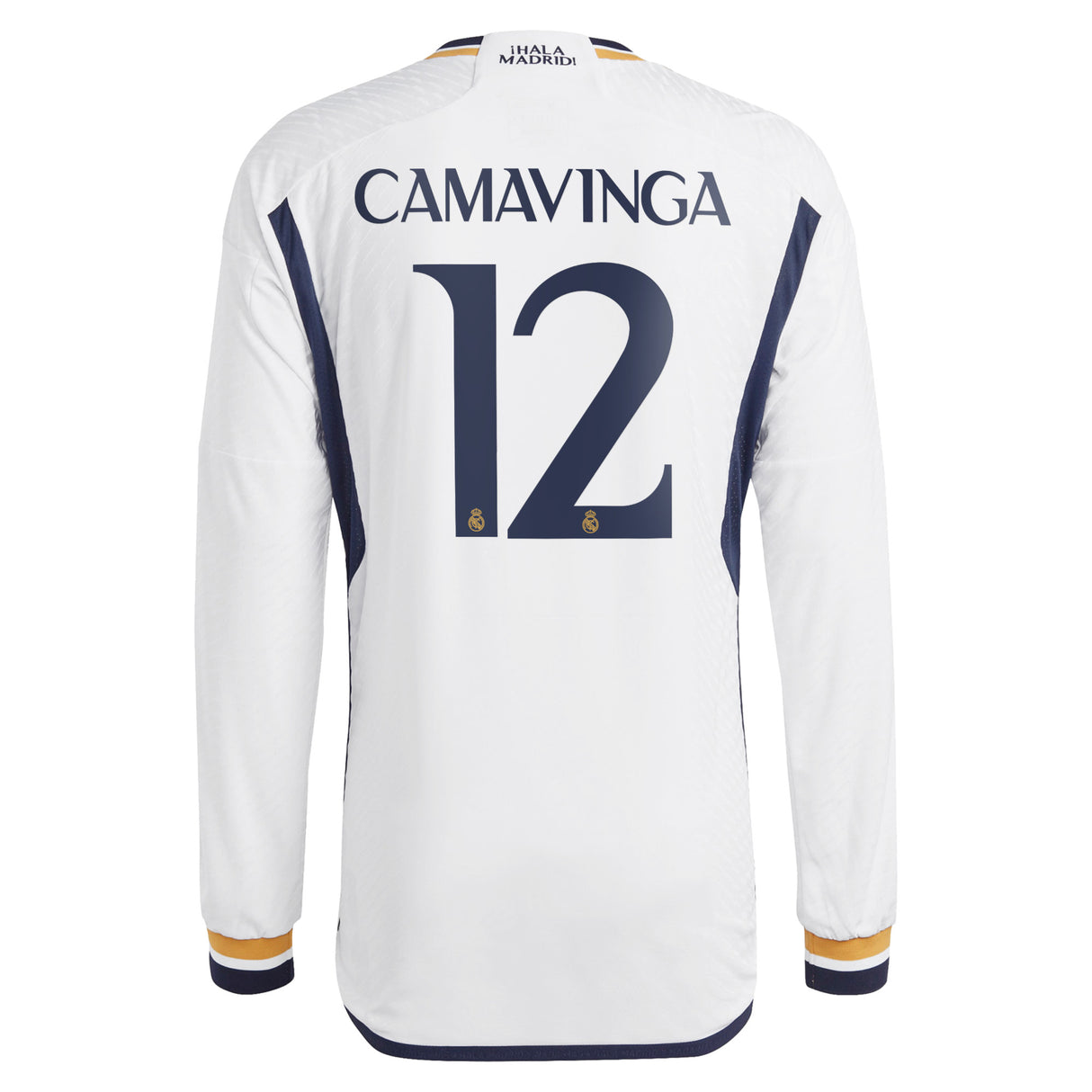 Real Madrid adidas Home Authentic Shirt 2023-24 - Long Sleeve with Camavinga 12 printing - Kit Captain