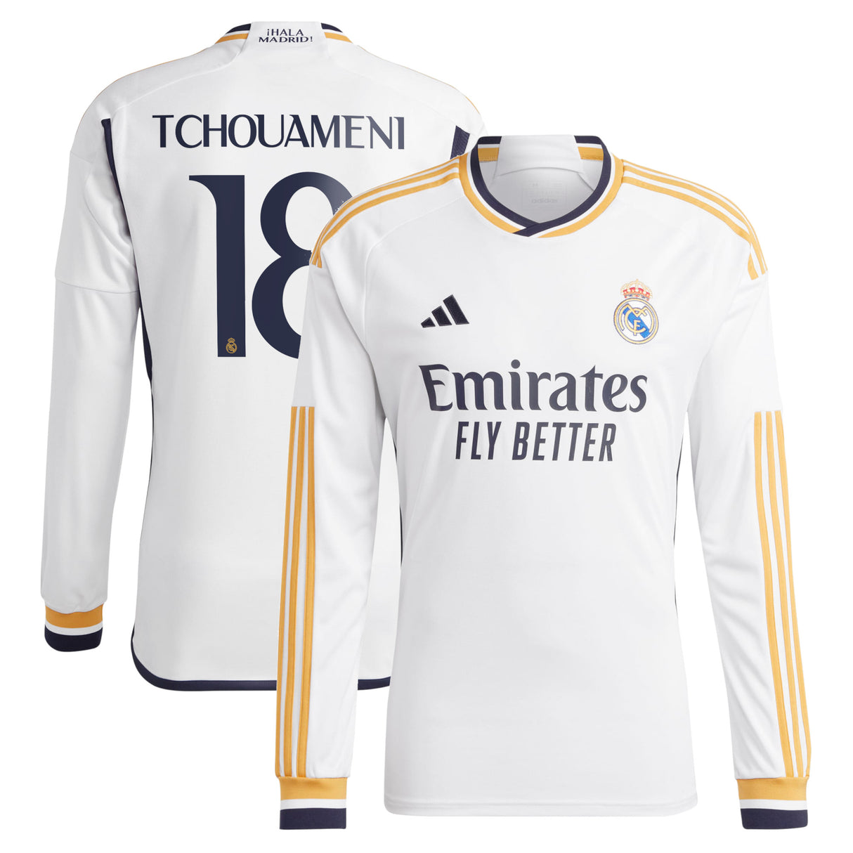 Real Madrid adidas Home Shirt 2023-24 - Long Sleeve with Tchouaméni 18 printing - Kit Captain