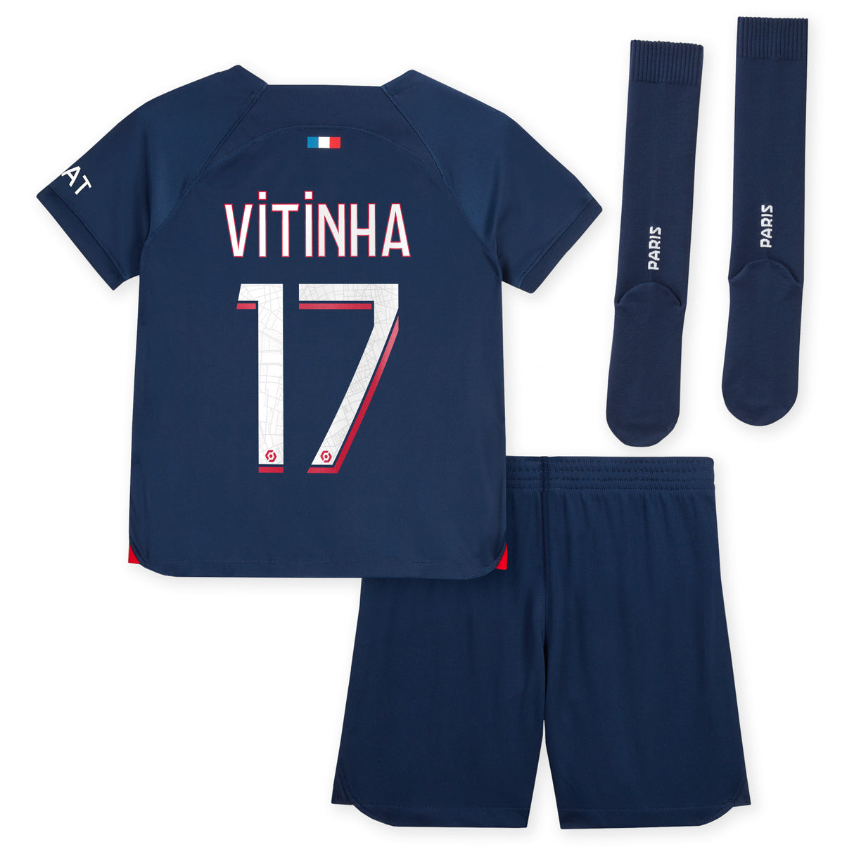 Paris Saint-Germain Nike Home Stadium Kit 2023-24 - Little Kids with Vitinha 17 printing - Kit Captain