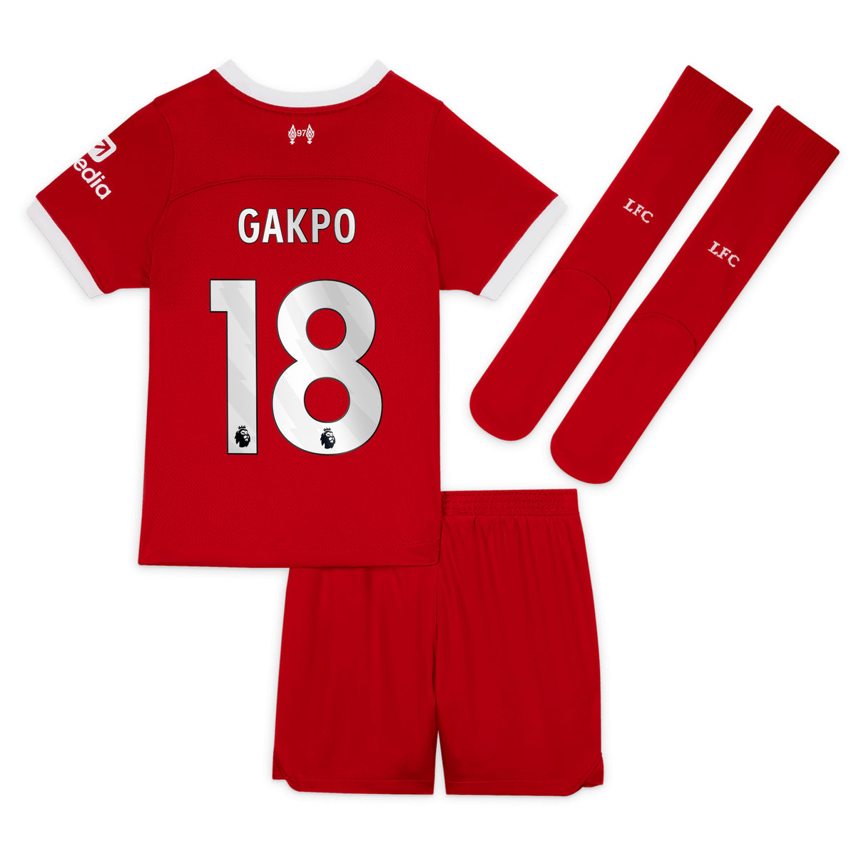 Liverpool Nike Home Stadium Kit - 2023-24 - Little Kids with Gakpo 18 printing - Kit Captain