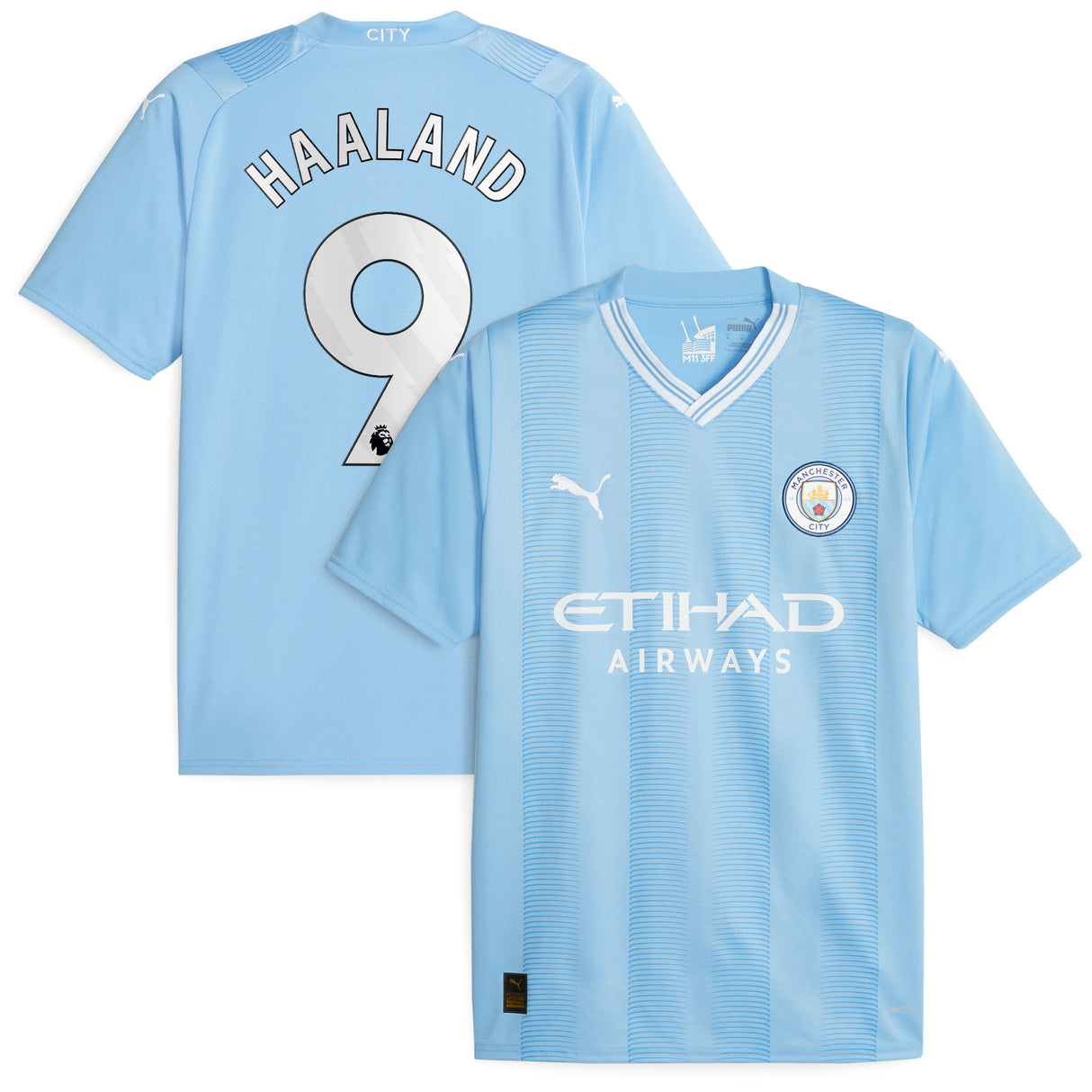 Manchester City Puma Home Shirt 2023-24 with Haaland 9 printing - Kit Captain