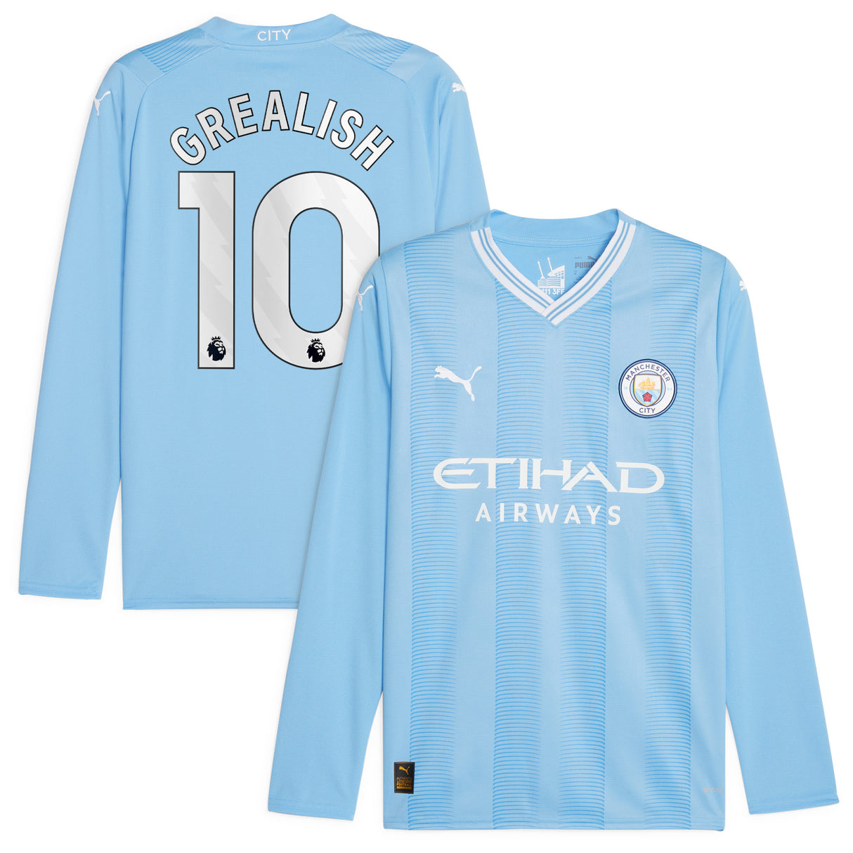 Manchester City Puma Home Shirt 2023-24 - Long Sleeve - Kids with Grealish 10 printing - Kit Captain