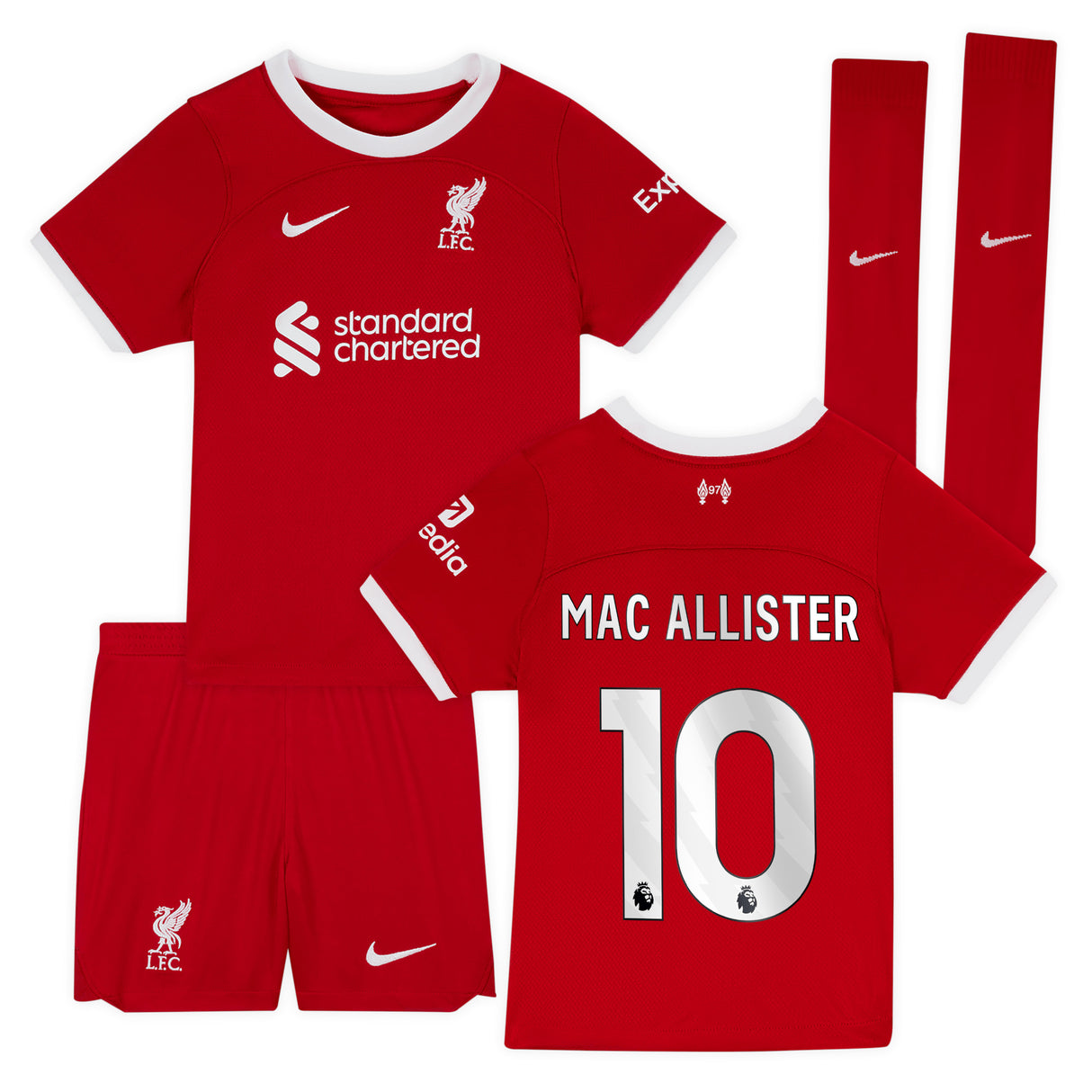 Liverpool Nike Home Stadium Kit - 2023-24 - Little Kids with Mac Allister 10 printing - Kit Captain