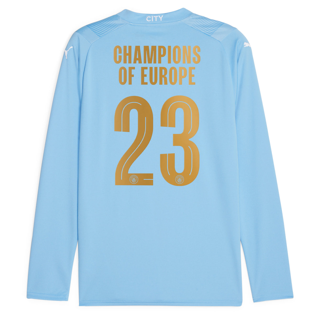 Manchester City Puma Home Shirt 2023-24 - Long Sleeve - Kids with Champions of Europe 23 printing - Kit Captain