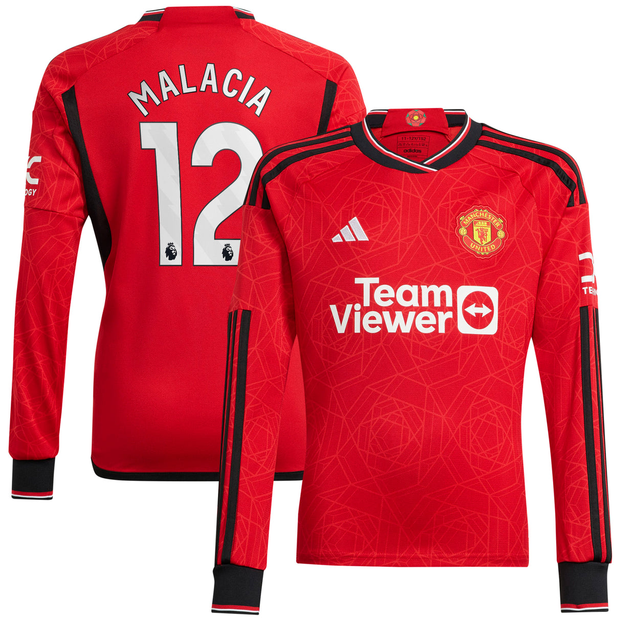 Manchester United EPL adidas Home Shirt 2023-24 - Kids - Long Sleeve with Malacia 12 printing - Kit Captain