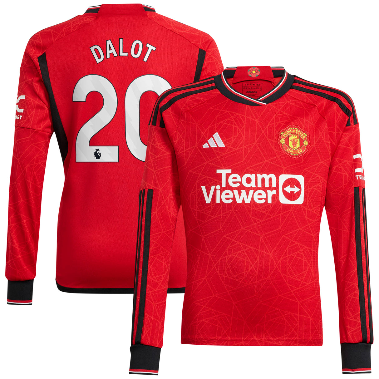 Manchester United EPL adidas Home Shirt 2023-24 - Kids - Long Sleeve with Dalot 20 printing - Kit Captain