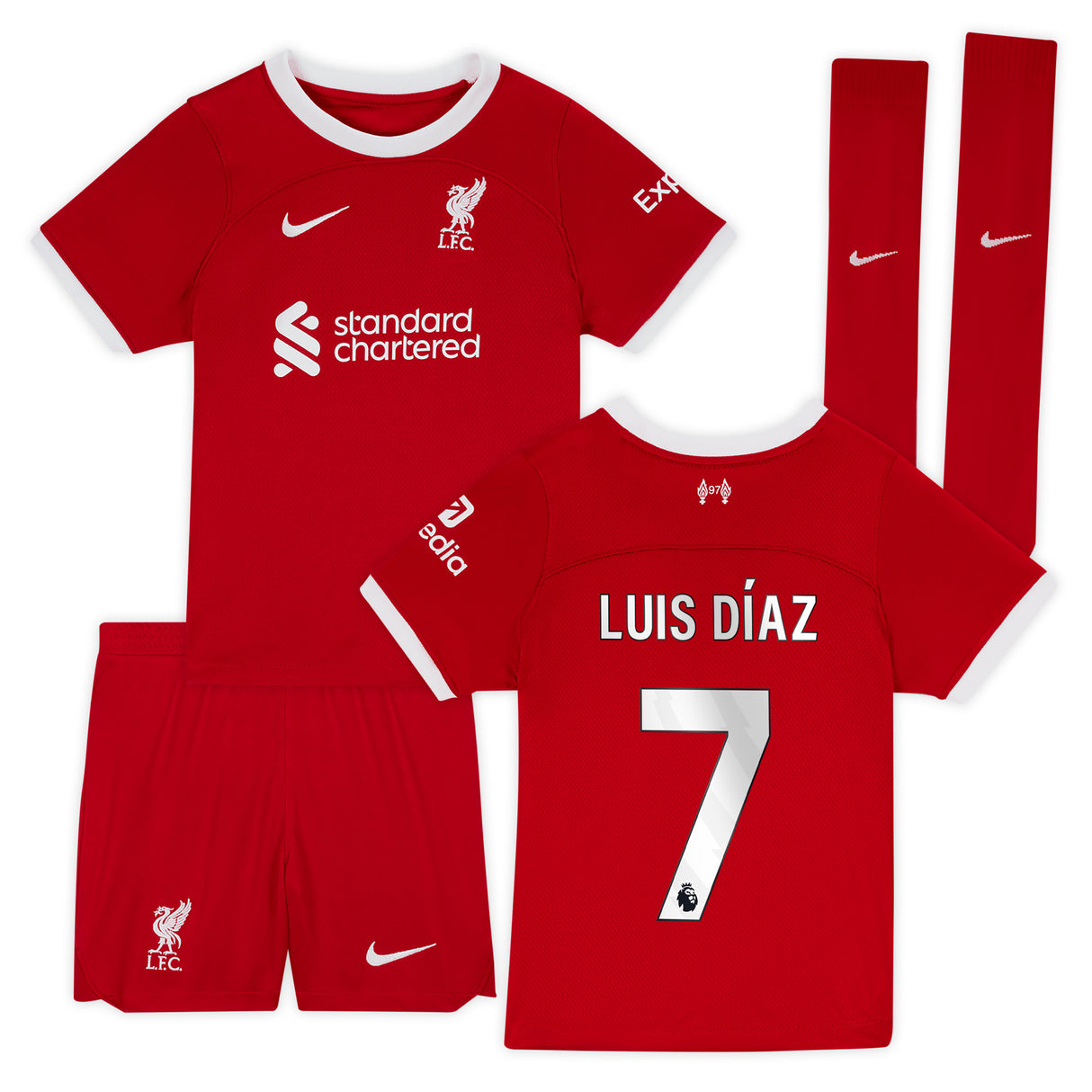 Liverpool Nike Home Stadium Kit - 2023-24 - Little Kids with Luis Dí­az 7 printing - Kit Captain