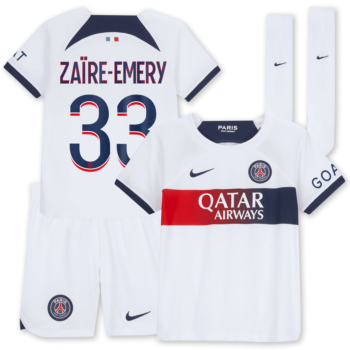 Paris Saint-Germain Nike Away Stadium Kit 2023-24 - Little Kids with Zaïre-Emery 33 printing - Kit Captain