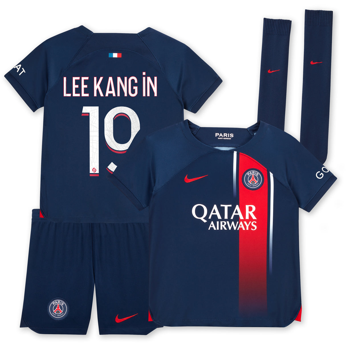 Paris Saint-Germain Nike Home Stadium Kit 2023-24 - Little Kids with Lee Kang In 19 printing - Kit Captain