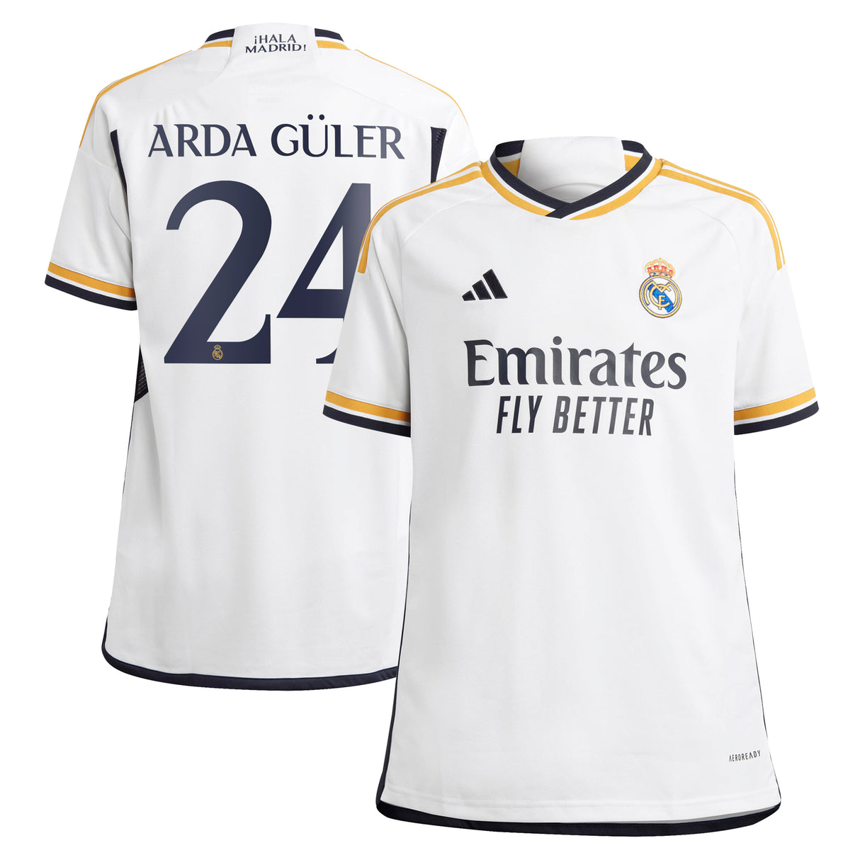 Real Madrid adidas Home Shirt 2023-24 - Kids with Arda Güler 24 printing - Kit Captain