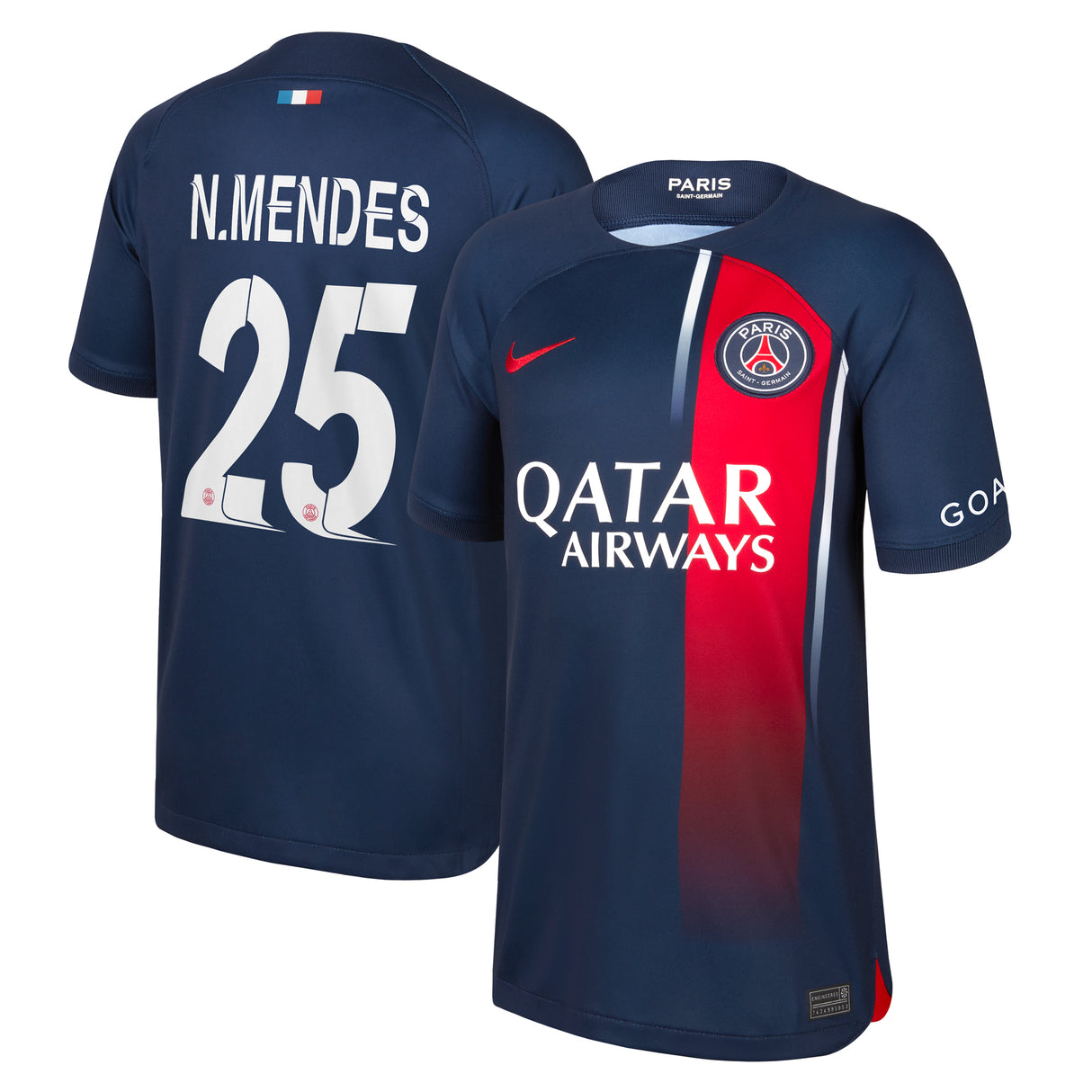 PSG Home Stadium Shirt 2023-24 - Kids with Champions League printing N.Mendes 25 - Kit Captain