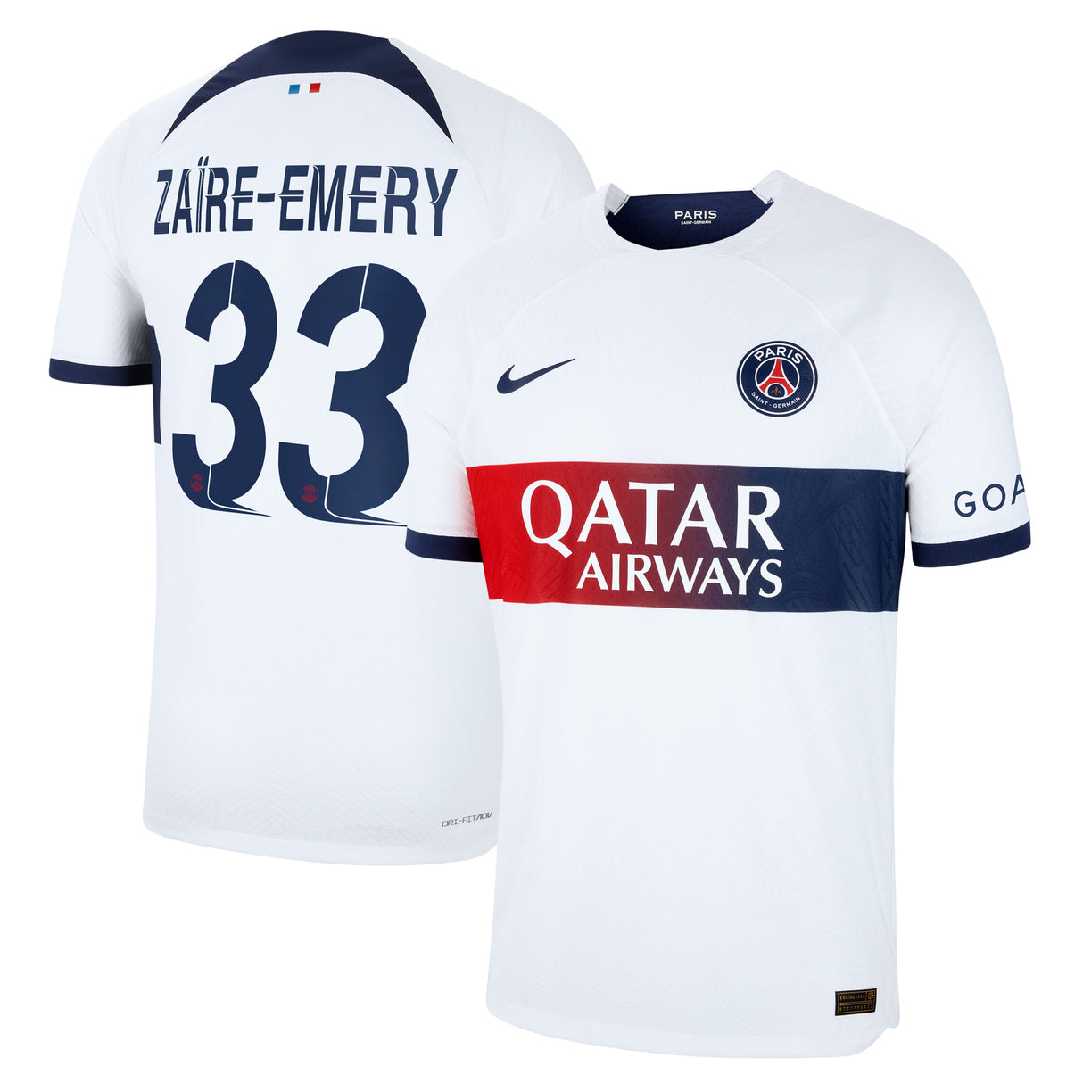 Paris Saint-Germain Nike Away Dri Fit Adv Match Shirt 2023-24 with Champions League printing Zaïre-Emery 33 - Kit Captain