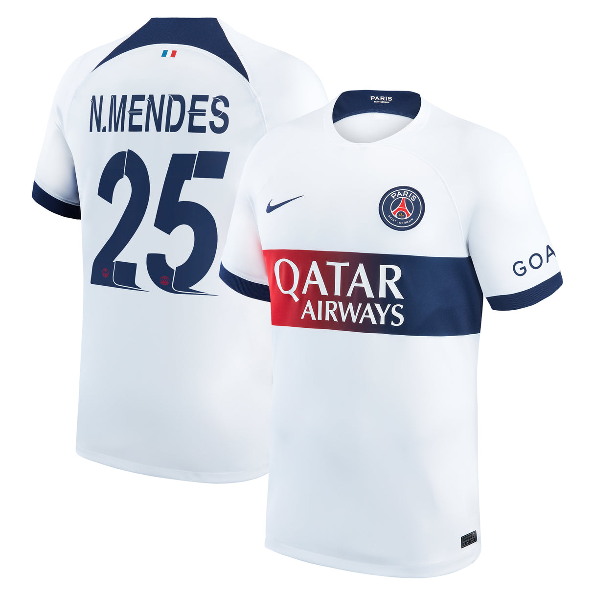 Paris Saint-Germain Nike Away Stadium Shirt 2023-24 with Champions League printing N.Mendes 25 - Kit Captain