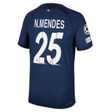 PSG Nike Home Dri-FIT ADV Match Shirt 2023-24 with N.Mendes 25 and Champions League printing and badges - Kit Captain