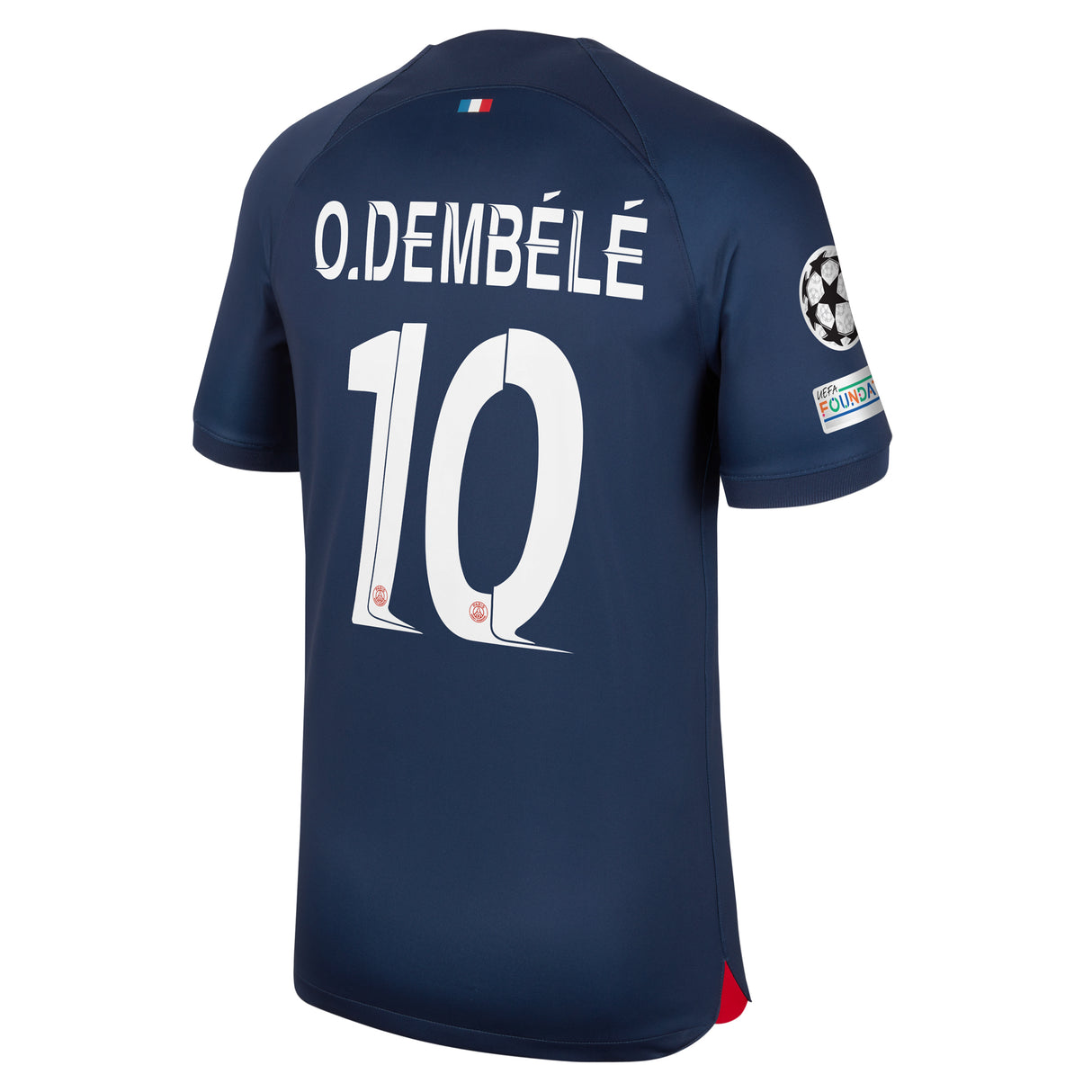 PSG Nike Home Stadium Shirt 2023-24 with O.Dembélé 10 and Champions League printing and badges - Kit Captain