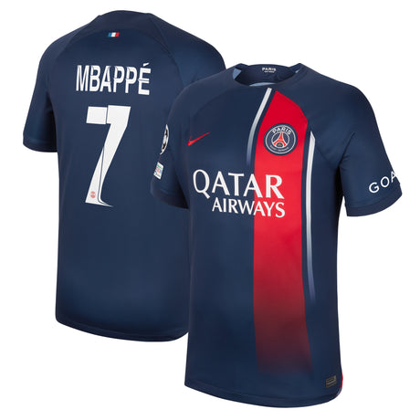 PSG Nike Home Stadium Shirt 2023-24 with Mbappé  7 and Champions League printing and badges - Kit Captain