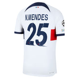 PSG Nike Away Dri-FIT ADV Match Shirt 2023-24 with N.Mendes 25 and Champions League printing and badges - Kit Captain