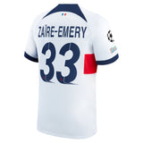 PSG Nike Away Stadium Shirt 2023-24 with Zaïre-Emery 33 and Champions League printing and badges - Kit Captain