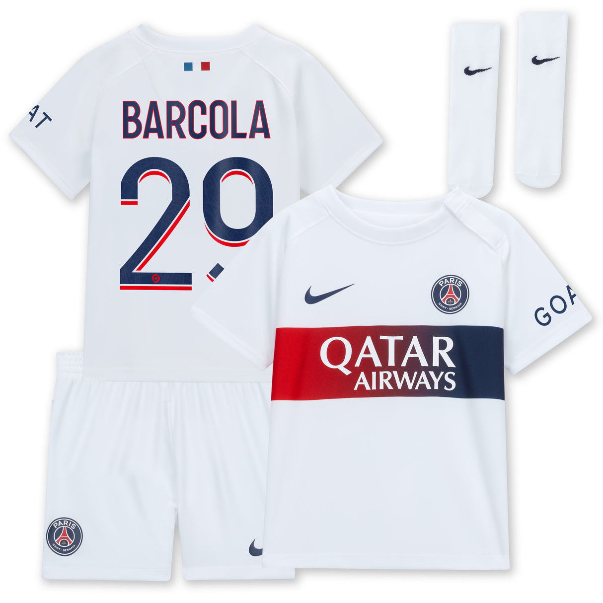 Paris Saint-Germain Nike Away Stadium Kit 2023-24 - Infant with Barcola 29 printing - Kit Captain