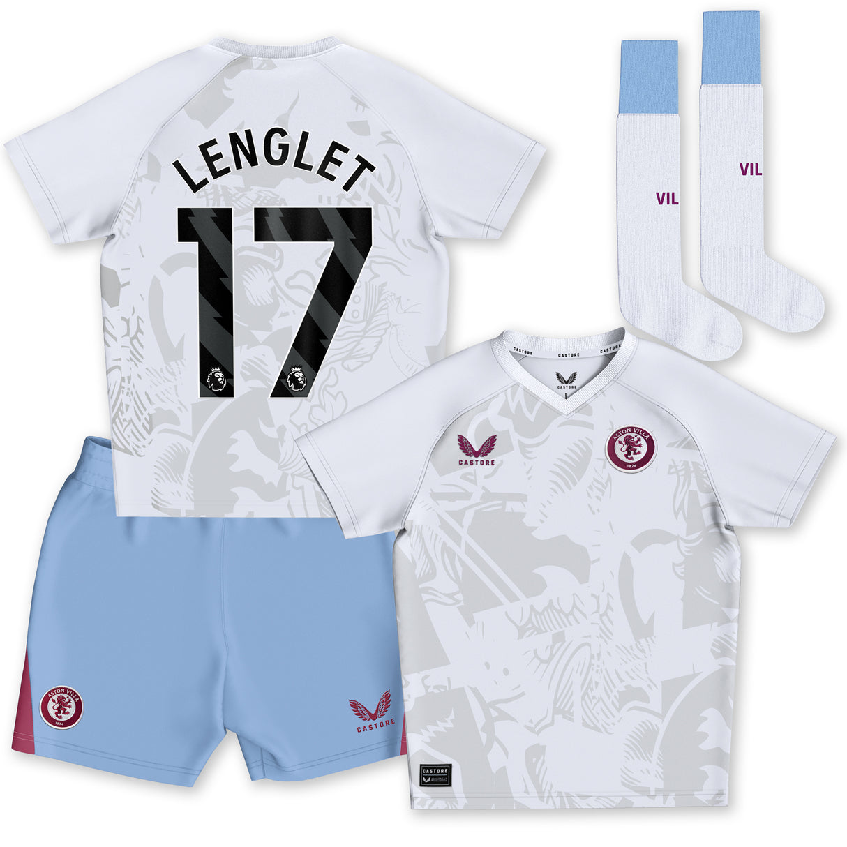 Aston Villa Castore Away Infant Kit 2023-24 - With Lenglet 17 Printing - Kit Captain