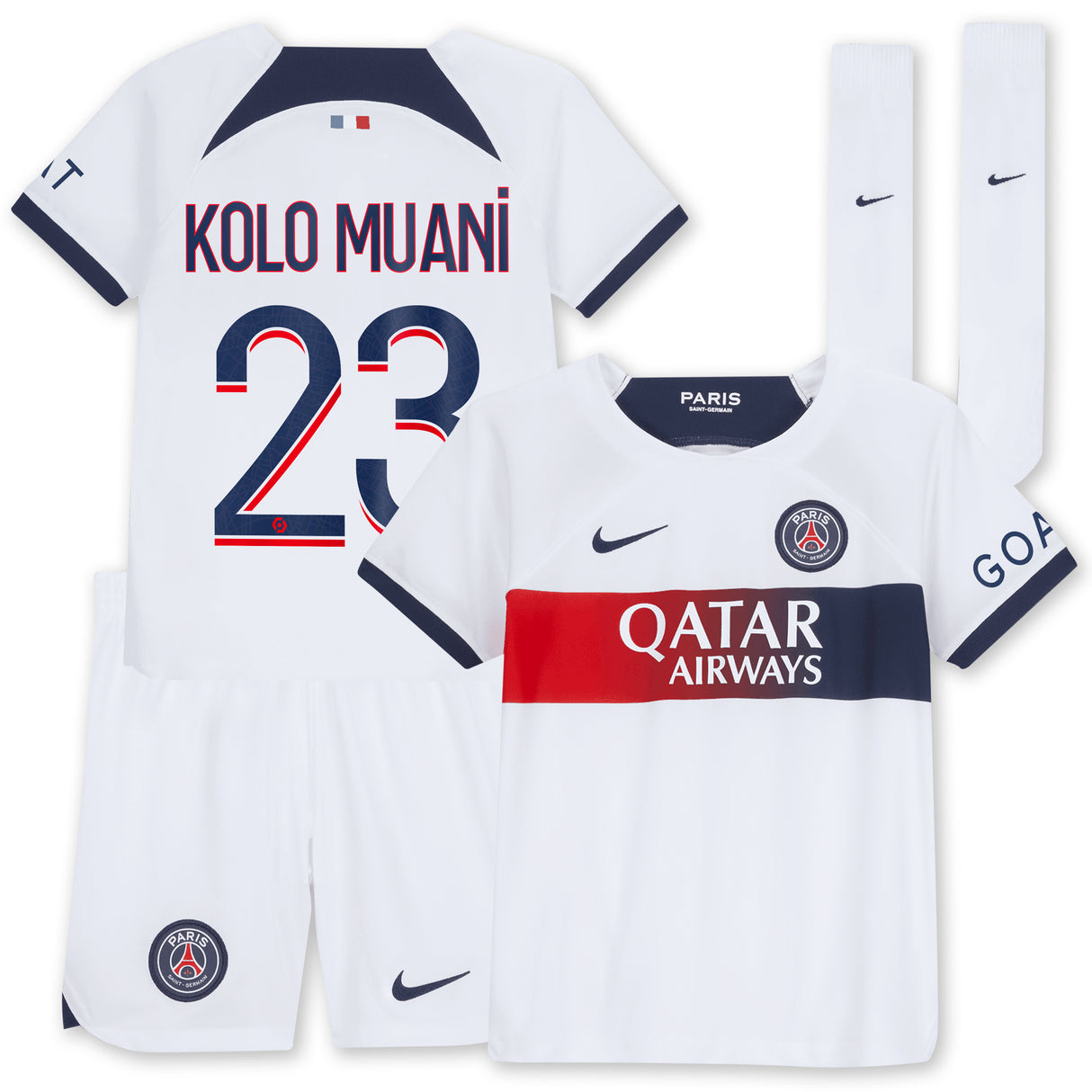 Paris Saint-Germain Nike Away Stadium Kit 2023-24 - Little Kids with Kolo Muani 23 printing - Kit Captain