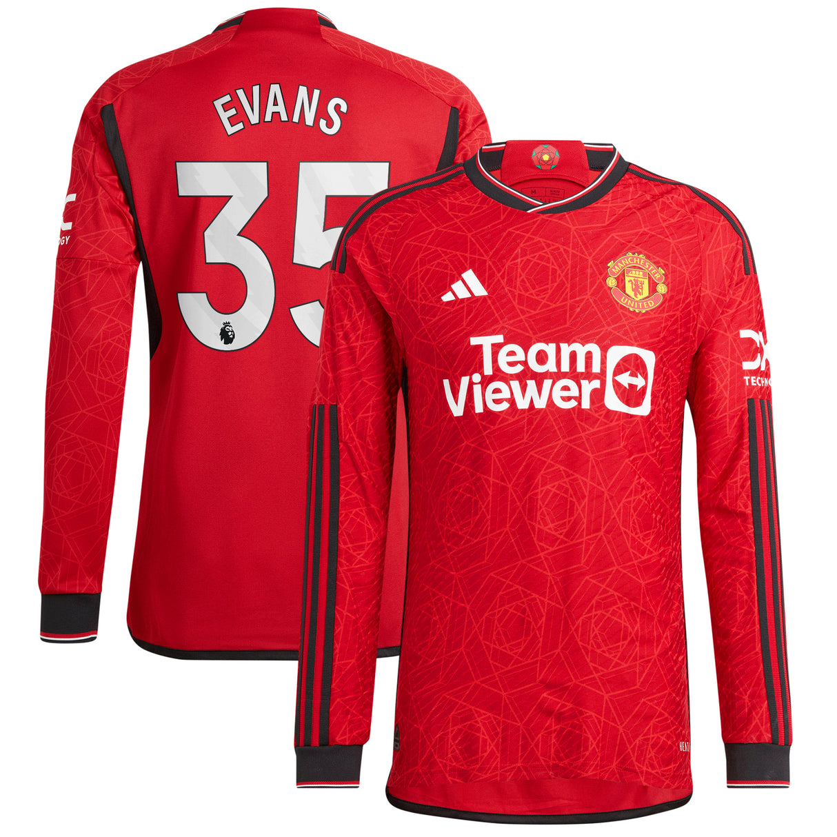 Manchester United EPL Home Authentic Shirt 2023-24 - Long sleeve with Evans 35 printing - Kit Captain