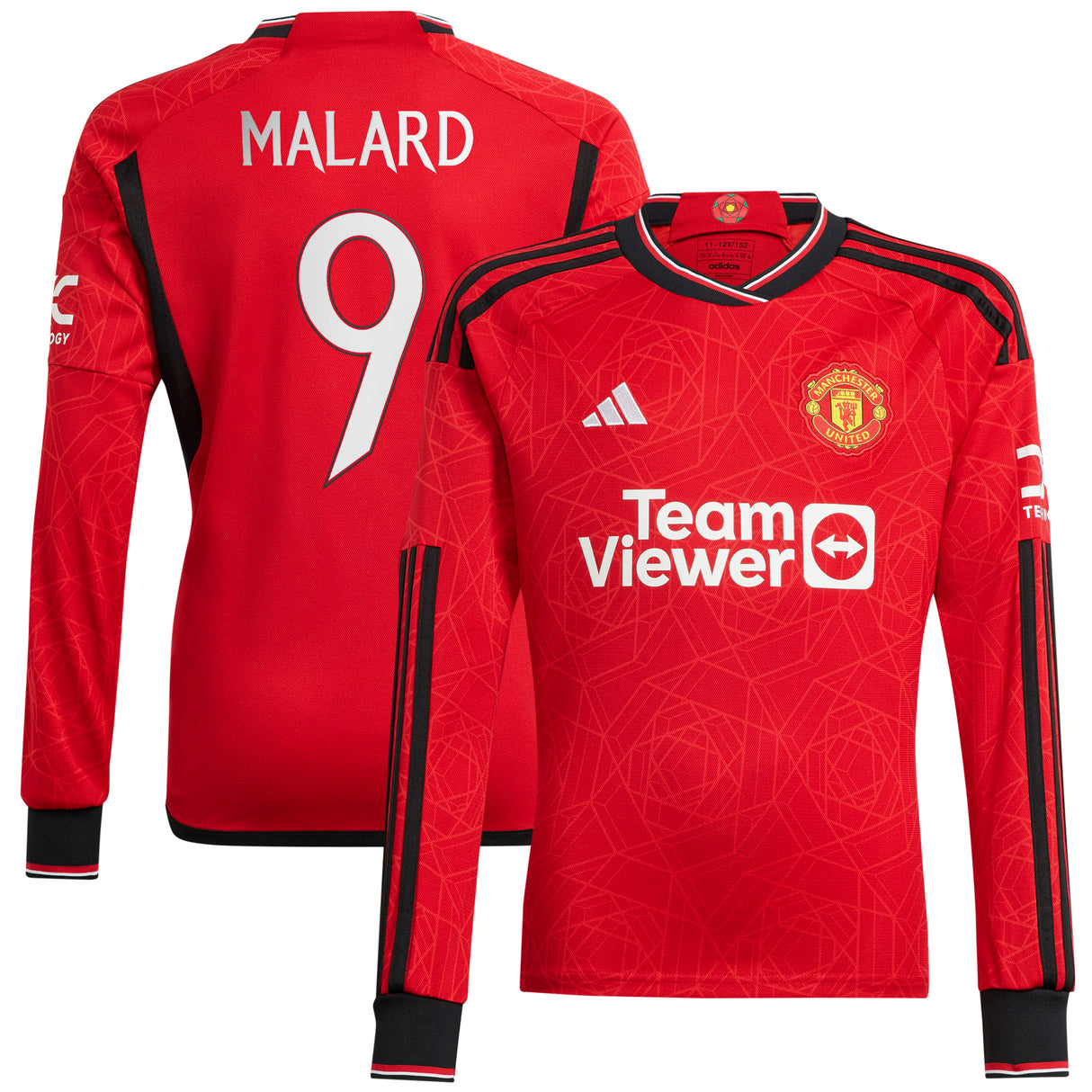 Manchester United Cup adidas Home Shirt 2023-24 - Kids - Long Sleeve - With Malard 9 Printing - Kit Captain