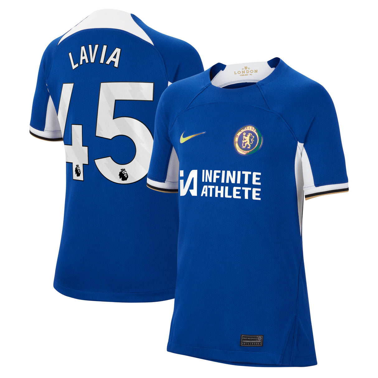 Chelsea Nike Home Stadium Sponsored Shirt 2023-24 - Kids with Lavia 45 printing