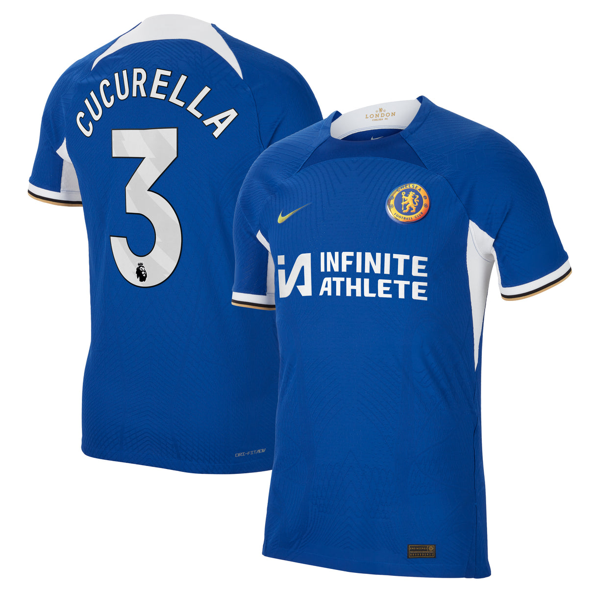 Chelsea Home Vapor Match Sponsored Shirt 2023-24 with Cucurella 3 printing - Kit Captain