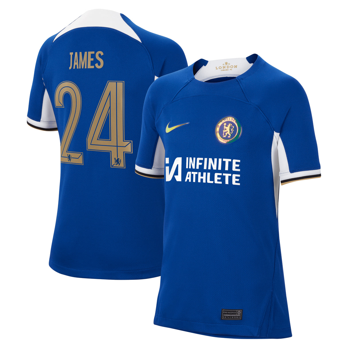 Chelsea Cup Nike Home Stadium Sponsored Shirt 2023-24 - Kids with James 24 printing