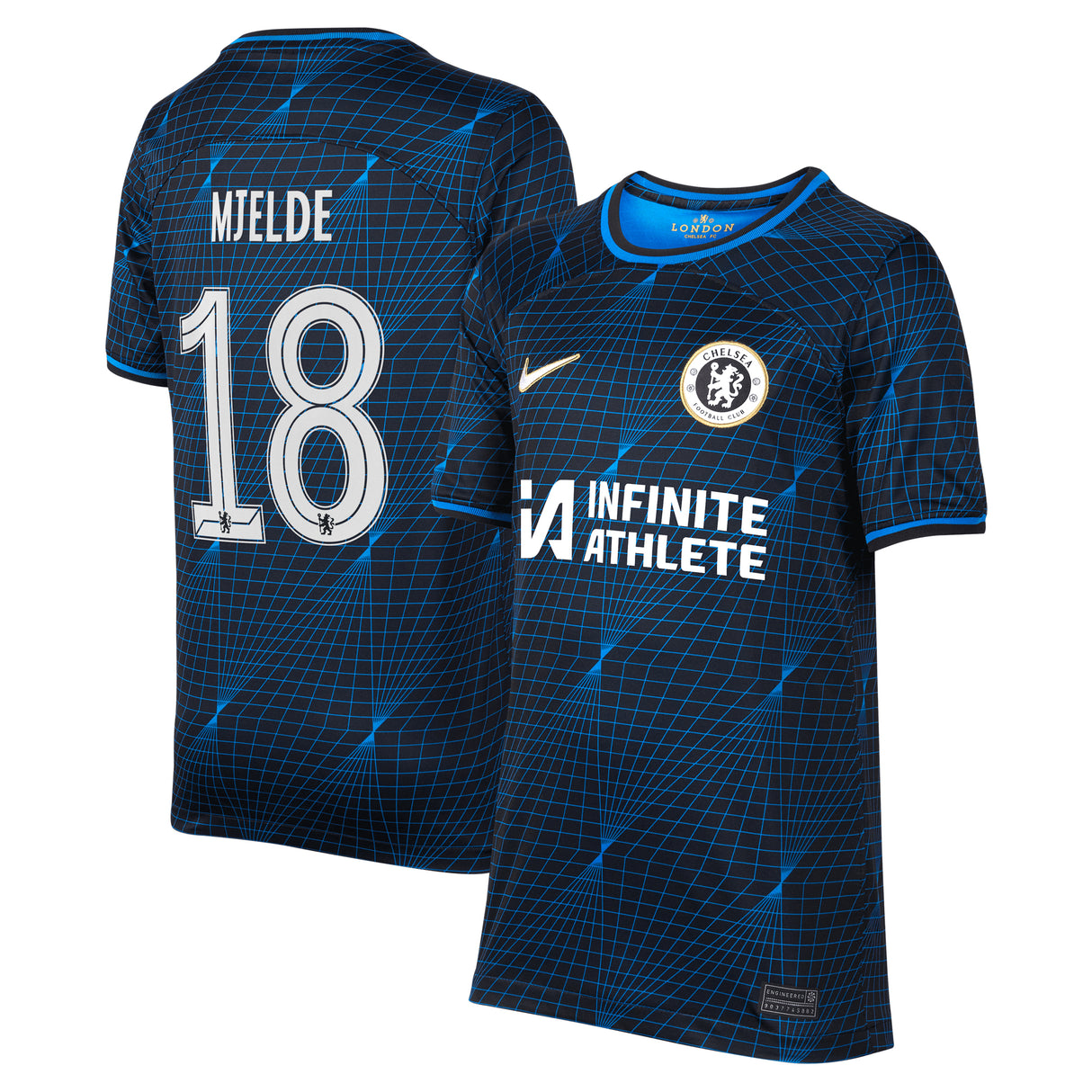 Chelsea Nike Cup Away Stadium Sponsored Shirt 2023-24 - Kids with Mjelde 18 printing